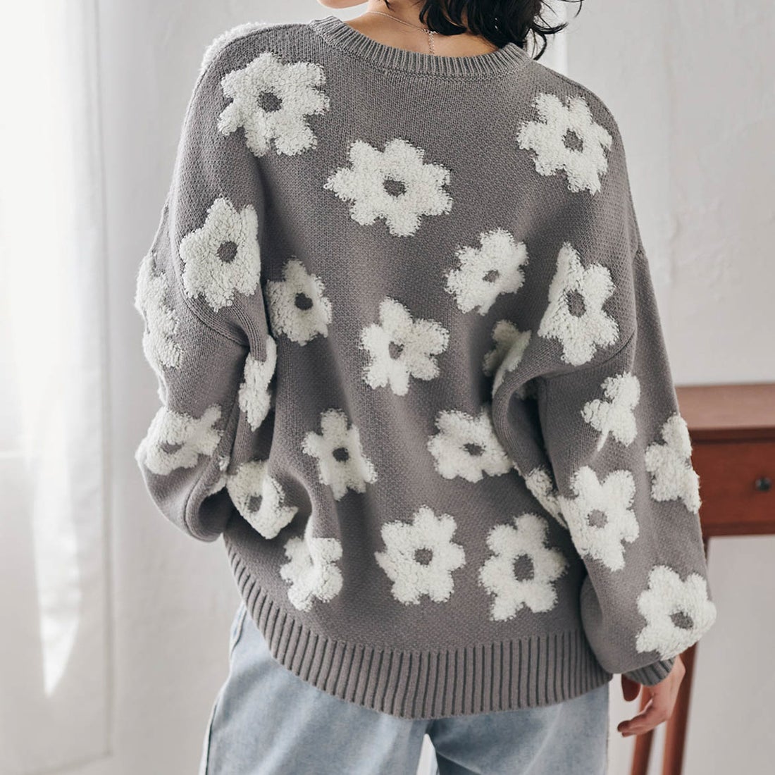 ラナン RANAN 花柄ジャカードニット （グレー） -ファッション通販