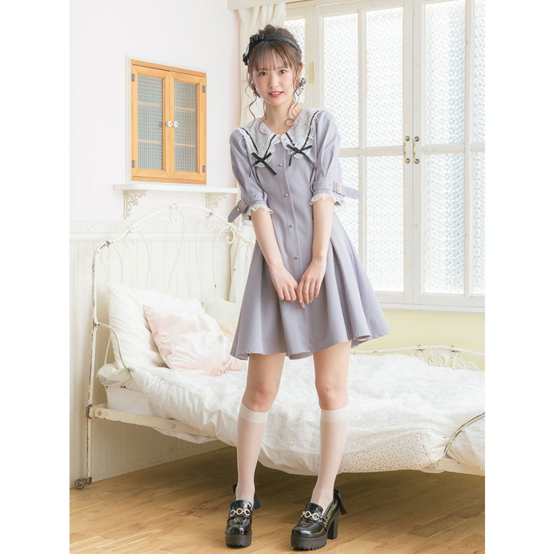 ロジータ ROJITA レース衿Wリボンワンピース （グレー） -アウトレット