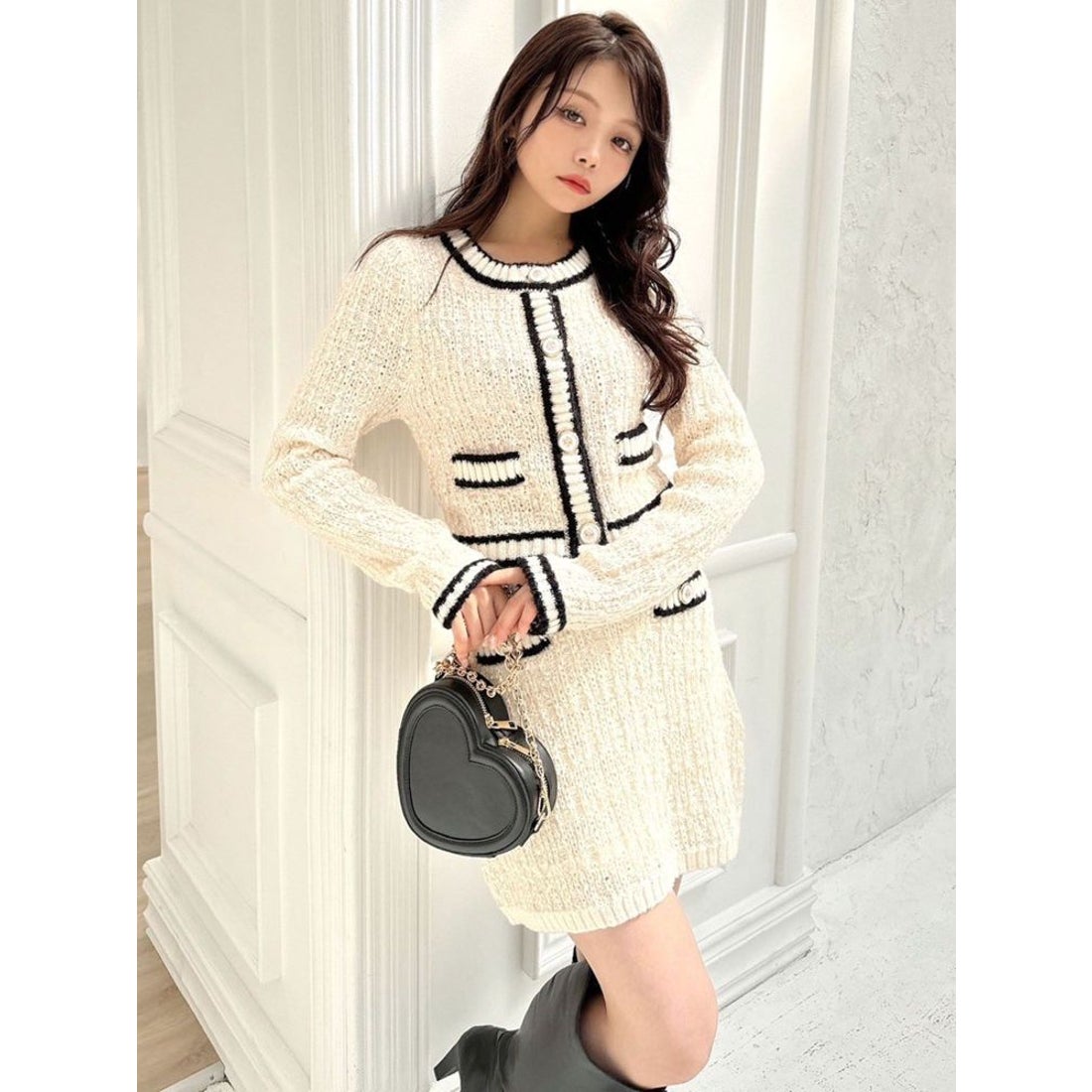 リゼクシー RESEXXY バイカラーツイードニットカーディガン