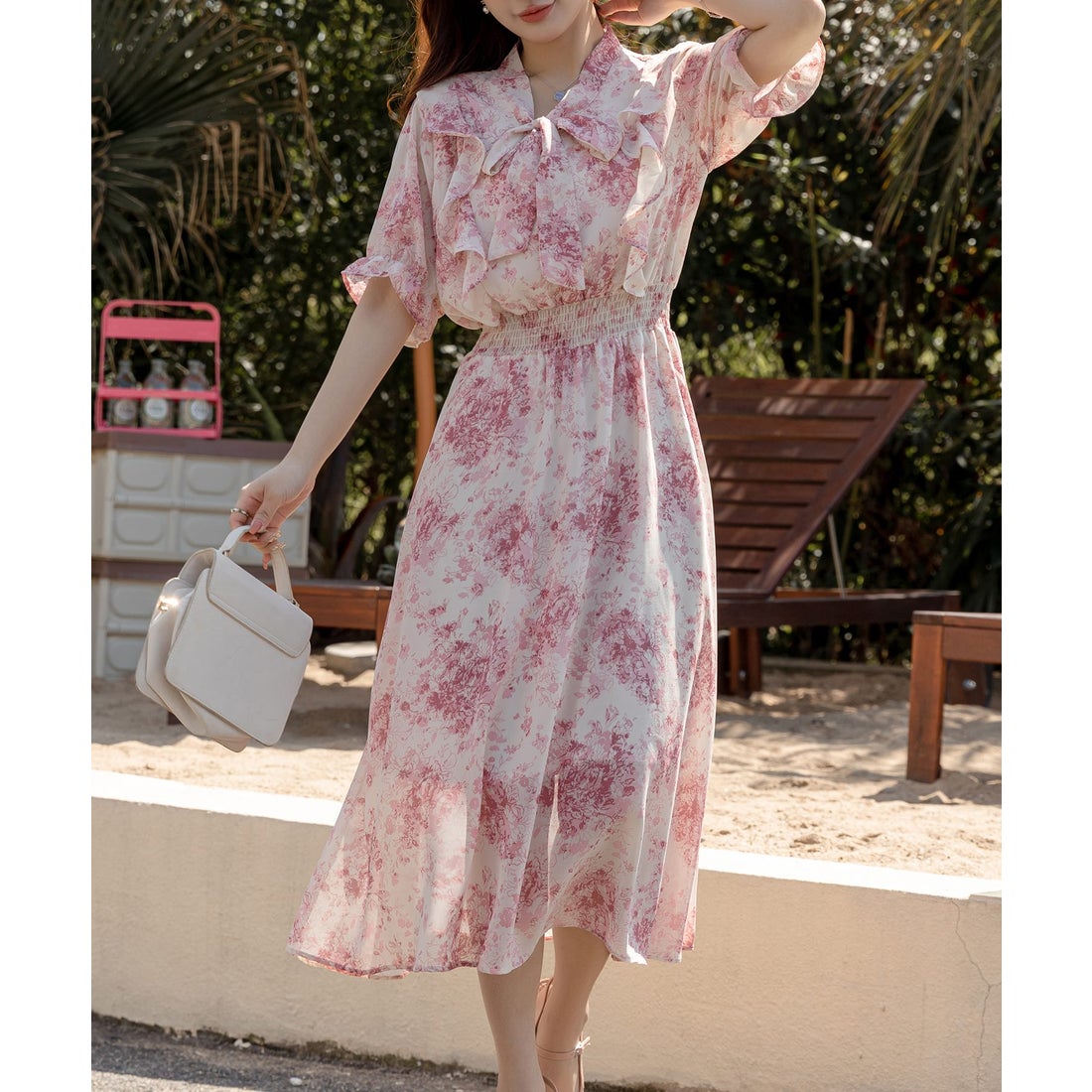 テディショップ Teddyshop レディース 小花柄ボウタイシフォンAライン