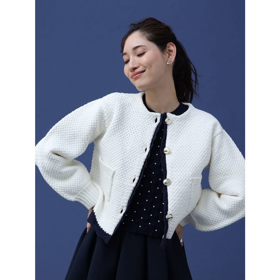 ヴァン Vin バイカラーラインニットカーディガン （ネイビー