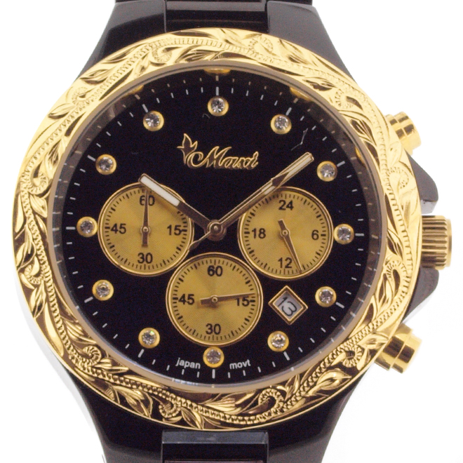 ハワイアンジュエリー/Stainless/マキシウォッチ クロノグラフ/BK/GD