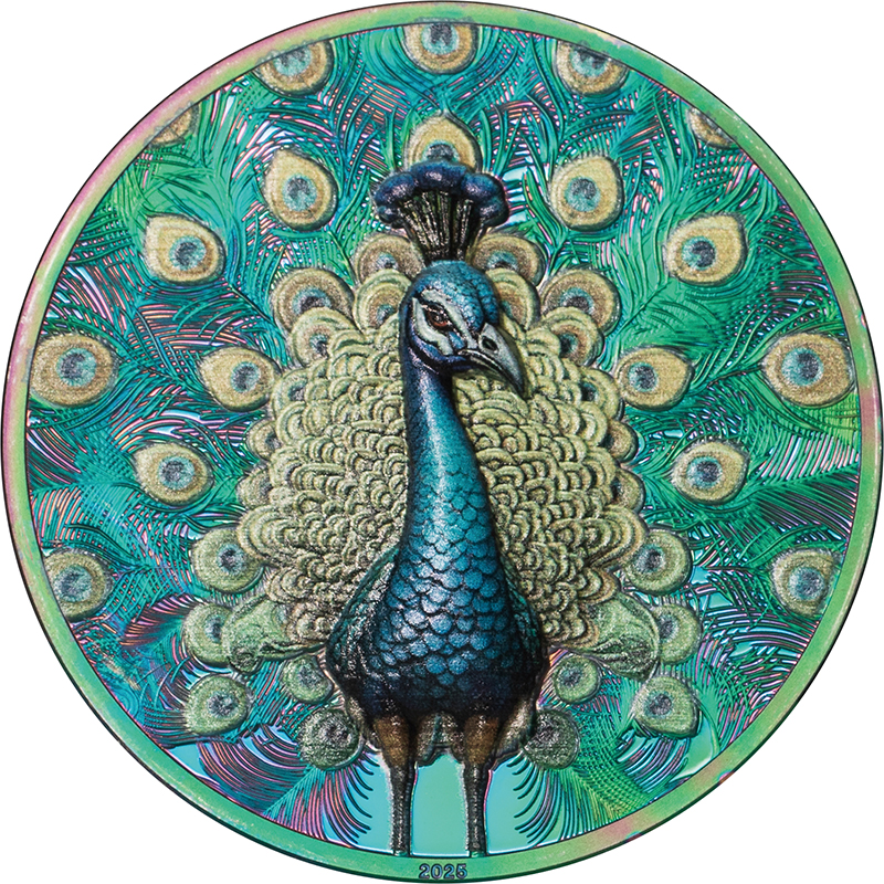 クック諸島 2025年 スペクトルな孔雀 5ドルプリズマメッキカラー銀貨