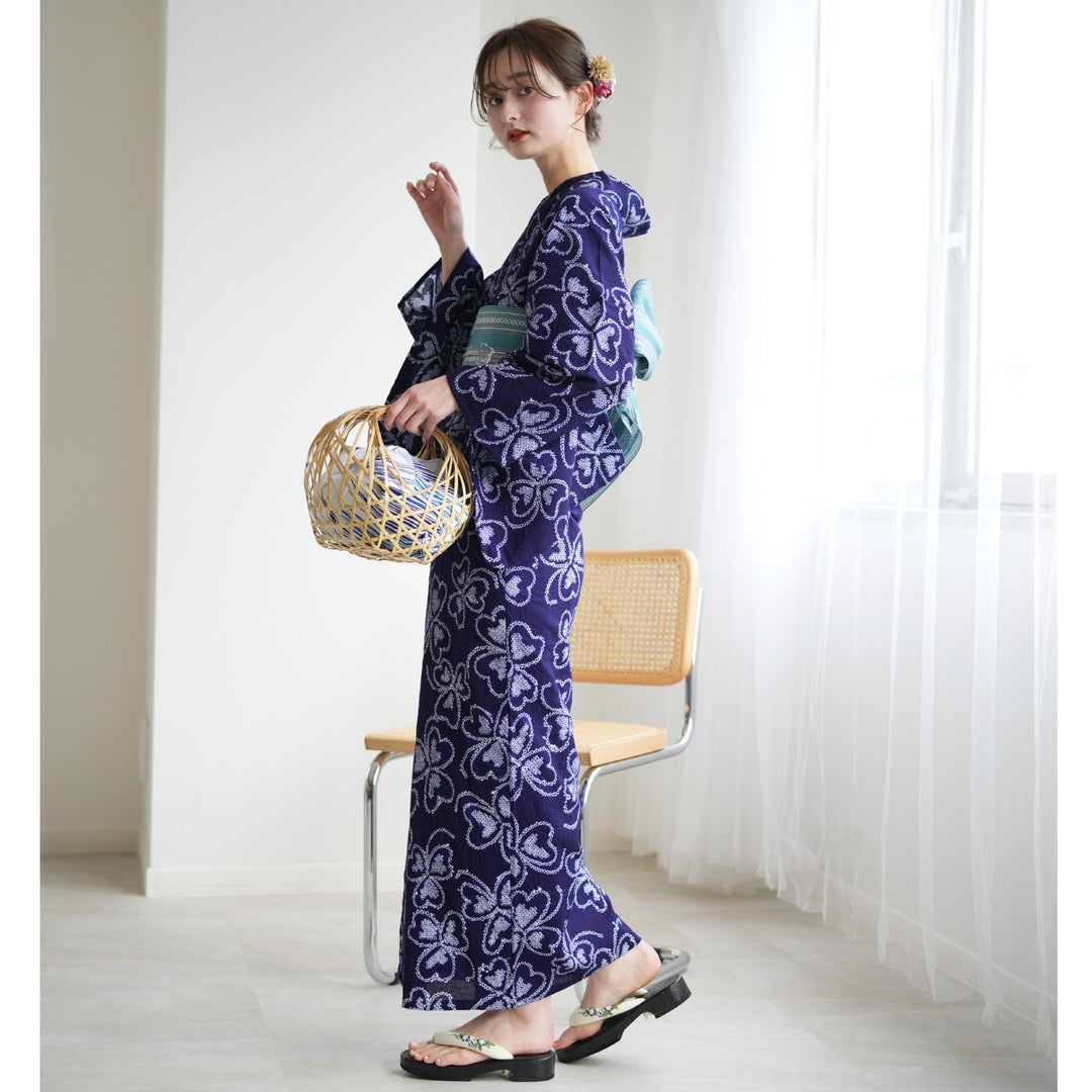 utatane 有松絞り 浴衣3点セット ( ゆかた・帯・下駄 ) 藍色に隠れる四