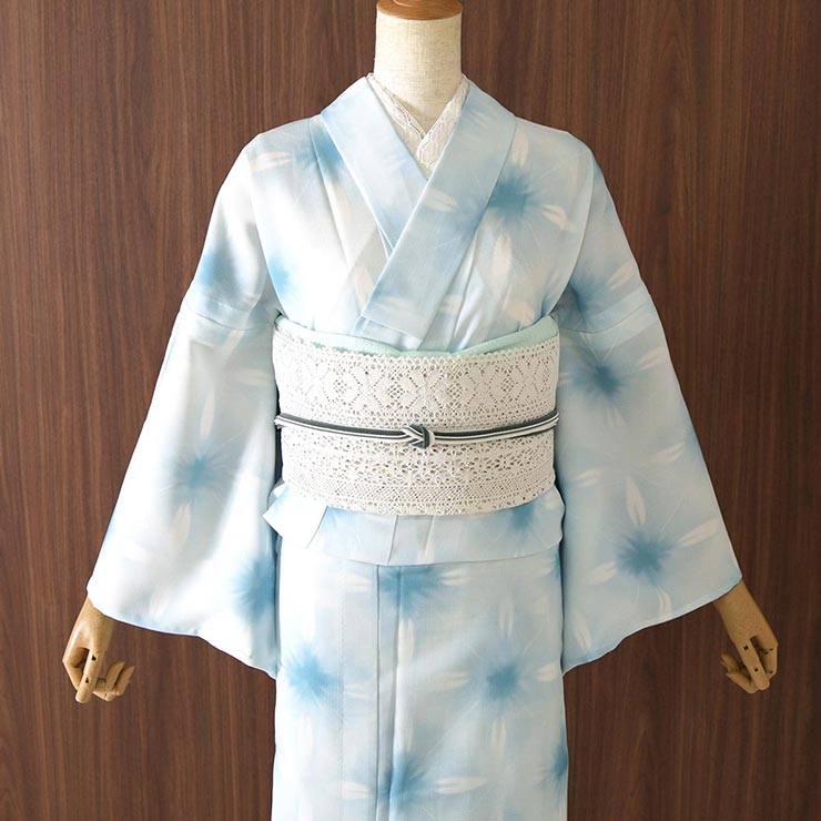 洗える 浴衣 雪花絞り 調 水色 バチ衿 お仕立て上がり セオα 東レ