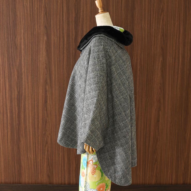和洋兼用 JAPAN MODE 高級 ケープ コート グレンチェック (ファー 黒