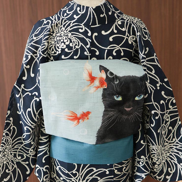 夏帯 夏 名古屋帯 金魚鉢 ブルーグレー 日本製 水色 黒猫 泡 召しませ