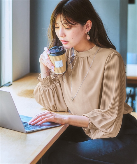 ニッセン（nissen） レディース 袖 プリーツ スタンド カラー ブラウス