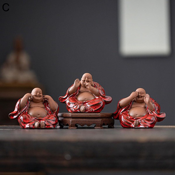 七福神の置物 布袋様 小型（言わない・聞かない・見ない）セット 陶器