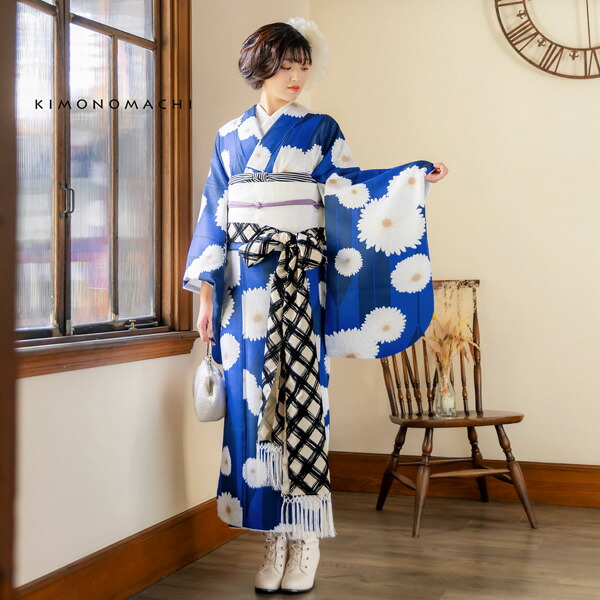 KIMONOMACHI 二尺袖着物 単品「矢羽根に菊瑠璃色」KIMONOMACHI