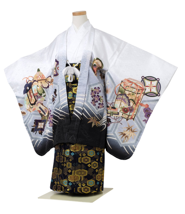 七五三 着物 男の子 五歳 13点フルセット 光 鷹 熨斗 白 羽織袴セット