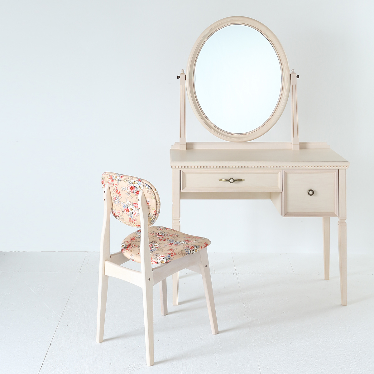 関本家具装芸 ドレッサー 一面鏡 ロワール 椅子付き オールドホワイト