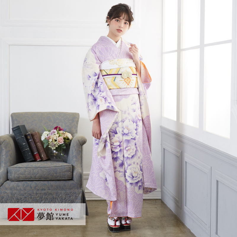振袖 レンタル 成人式 結婚式 絞り 水彩 紫 牡丹に梅花(絹)(宅)モデル