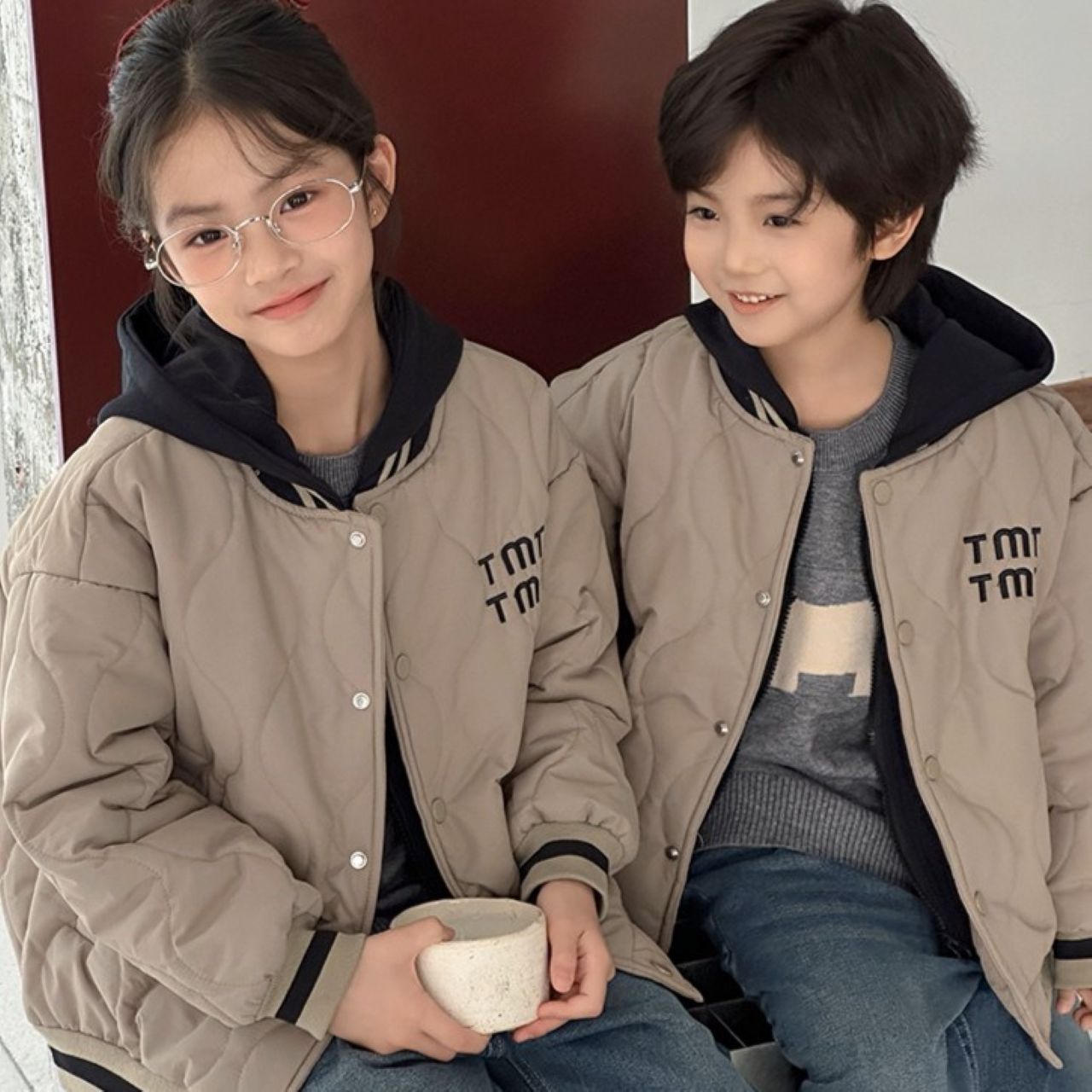 親子ペアルック くすみブラウン 中綿入りフードジャケット | Pairluna