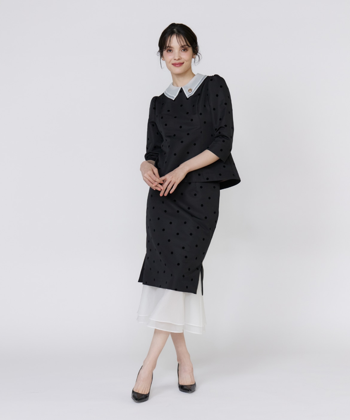 M Maglie le cassetto》ドットフロッキーシアー付け衿ブラウス｜M