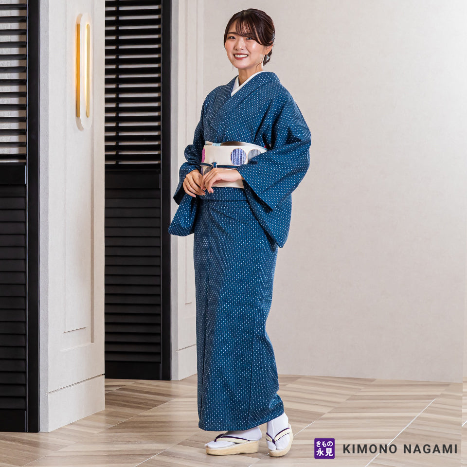 久留米絣│お仕立て上がり 洗える木綿きもの │フリーサイズ 花浅葱に