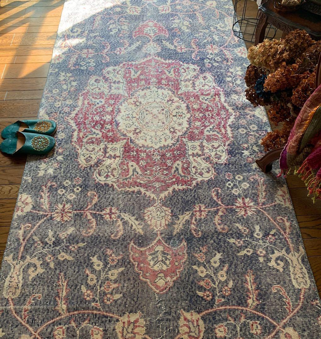 大判　ロング　251×112 トルコヴィンテージラグ　インディゴ　ローズレッド 超大判 トルコヴィンテージラグ チェリーピンク 255×134 トルコラグ