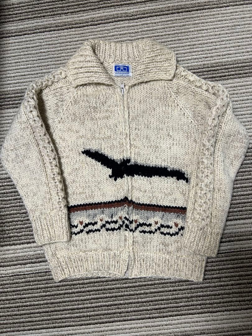【名作】80s LONGHOUSE カナダ製 カウチンセーター イーグル柄 ◎エルク（大角鹿）は伝統的なカウチンセーターの定番柄モチーフ