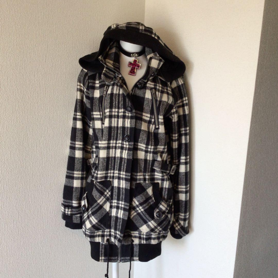 y2k 00s archiveチェックロングジャケット 平成ギャルグランジ ダークコア 平成ギャル y2k ファー付き モッズコート 迷彩 グランジ