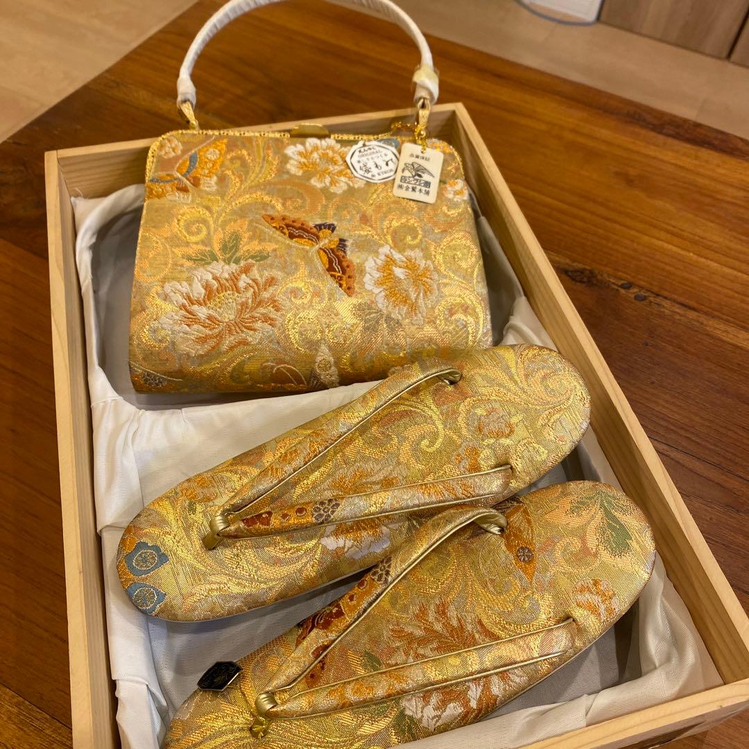 【新品未使用】キンワシ　花みやこ　袋帯　バッグ・草履セット 楽天市場】金鷲謹製「帝王貝紫」草履バッグセット（フリーサイズ