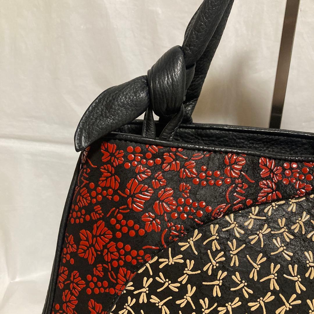 希少 印傳屋 ハンドバッグ JRA認定 鹿革 パッチワーク繋ぎ葡萄トンボ柄