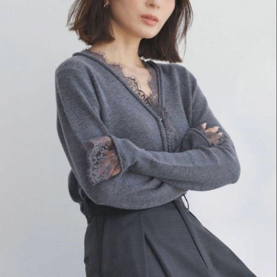 anuans アニュアンスアイラッシュレーストリミングニットカーディガン　グレー anuans アイラッシュレーストリミングニット グレー - メルカリ