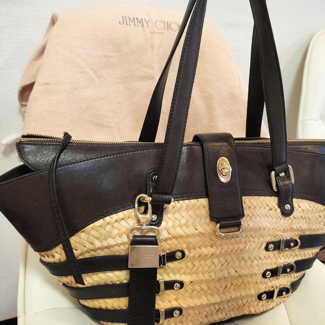 美品 JIMMY CHOO ストロー レザー トートバッグ かごバッグ 舟形 ドローストリング トート / M |ジミー チュウロゴ入り ナチュラル