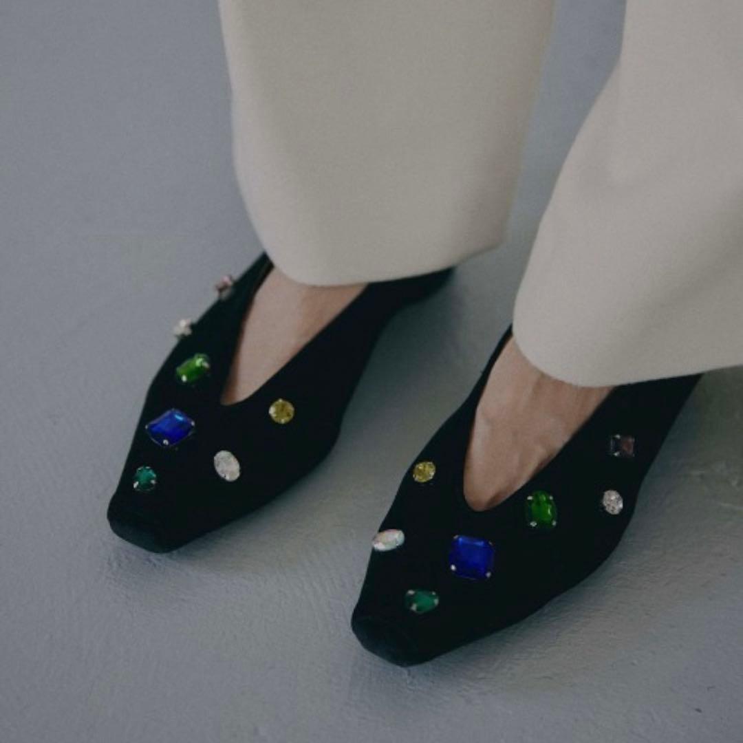 AMERI アメリヴィンテージ ビジュー フラットシューズ ベロア 黒 完売品