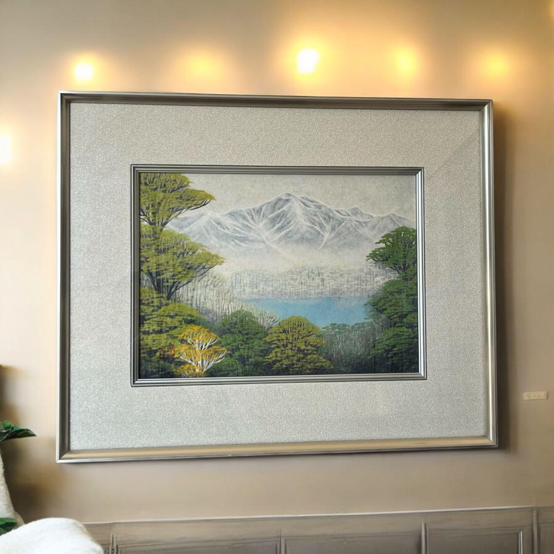 福岡小次郎　新緑　春山　和紙画　和風画　日本画　額　屏風　障子紙　ちぎり絵　和紙 和紙ちぎり絵『キラキラ天の川と富士山』葉書サイズ原画 絵画 彩紘工房