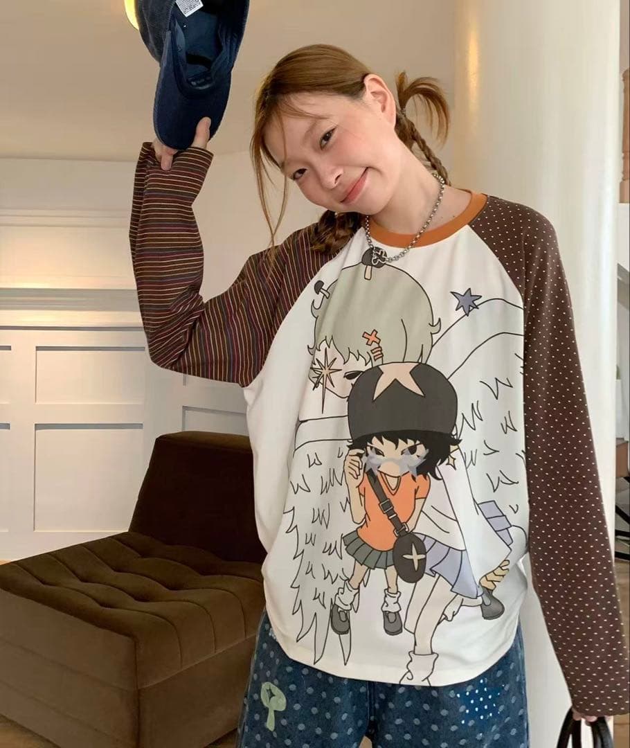 y2k 平成ギャル オレンジ色アニメキャラクター長袖Tシャツ カットソー