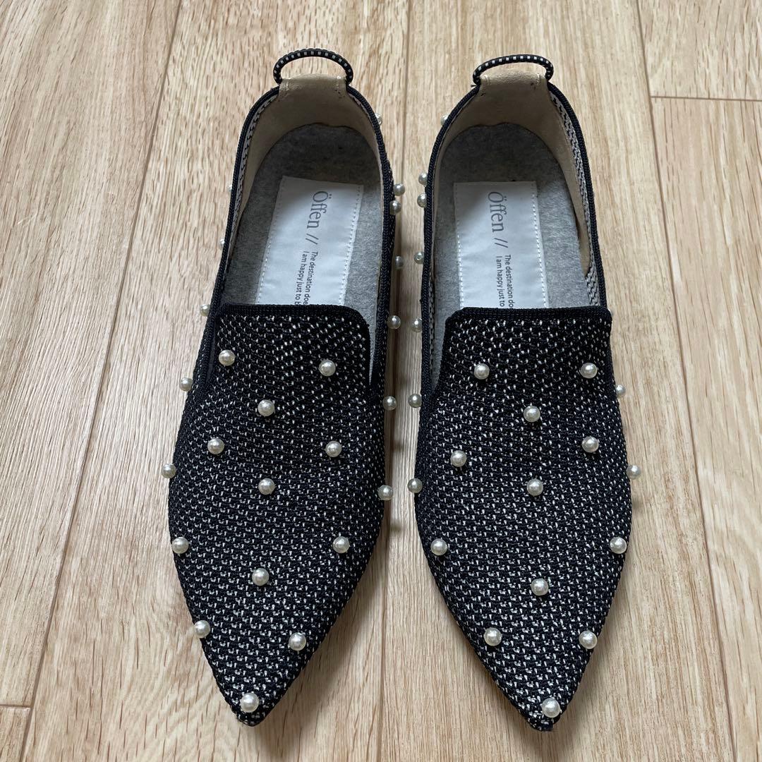 offen オッフェン パール オペラシューズ 38 ブラック scallop pearls pattern / BLACK | Offen