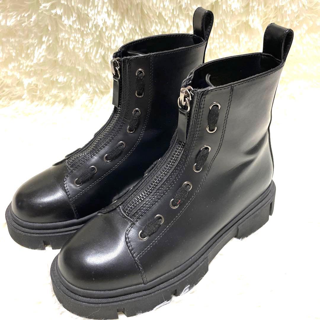 ZARA フロントジップブーツ 厚底 トラックソール 黒 ブラック 26
