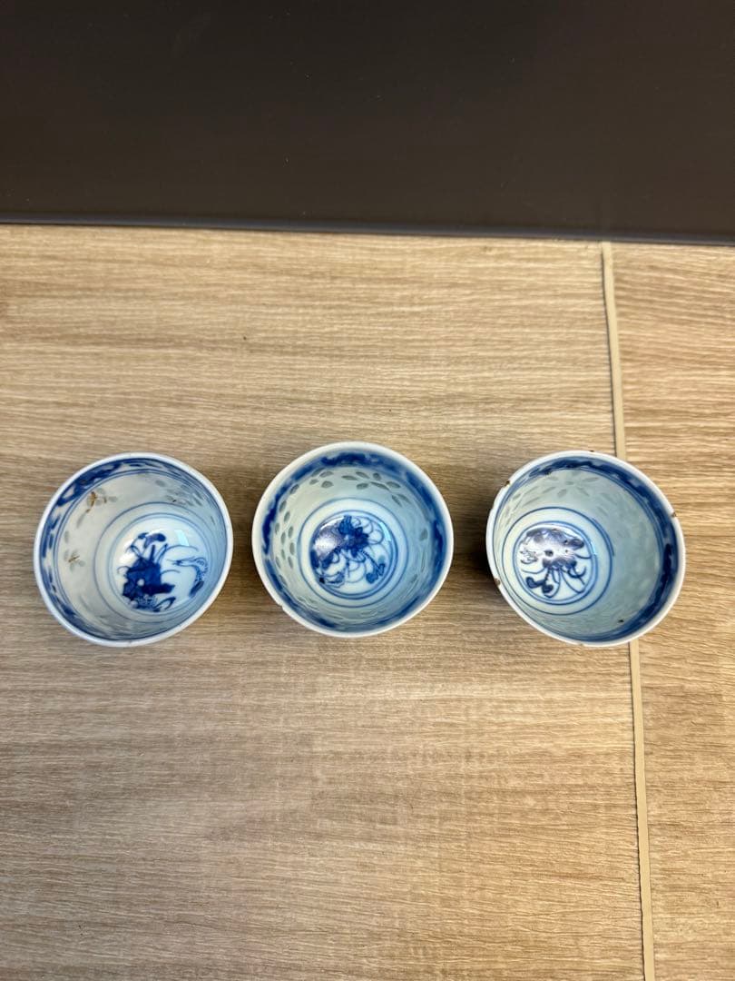 1521 中国骨董 康熙年製銘 染付青花湯呑 3客 時代物