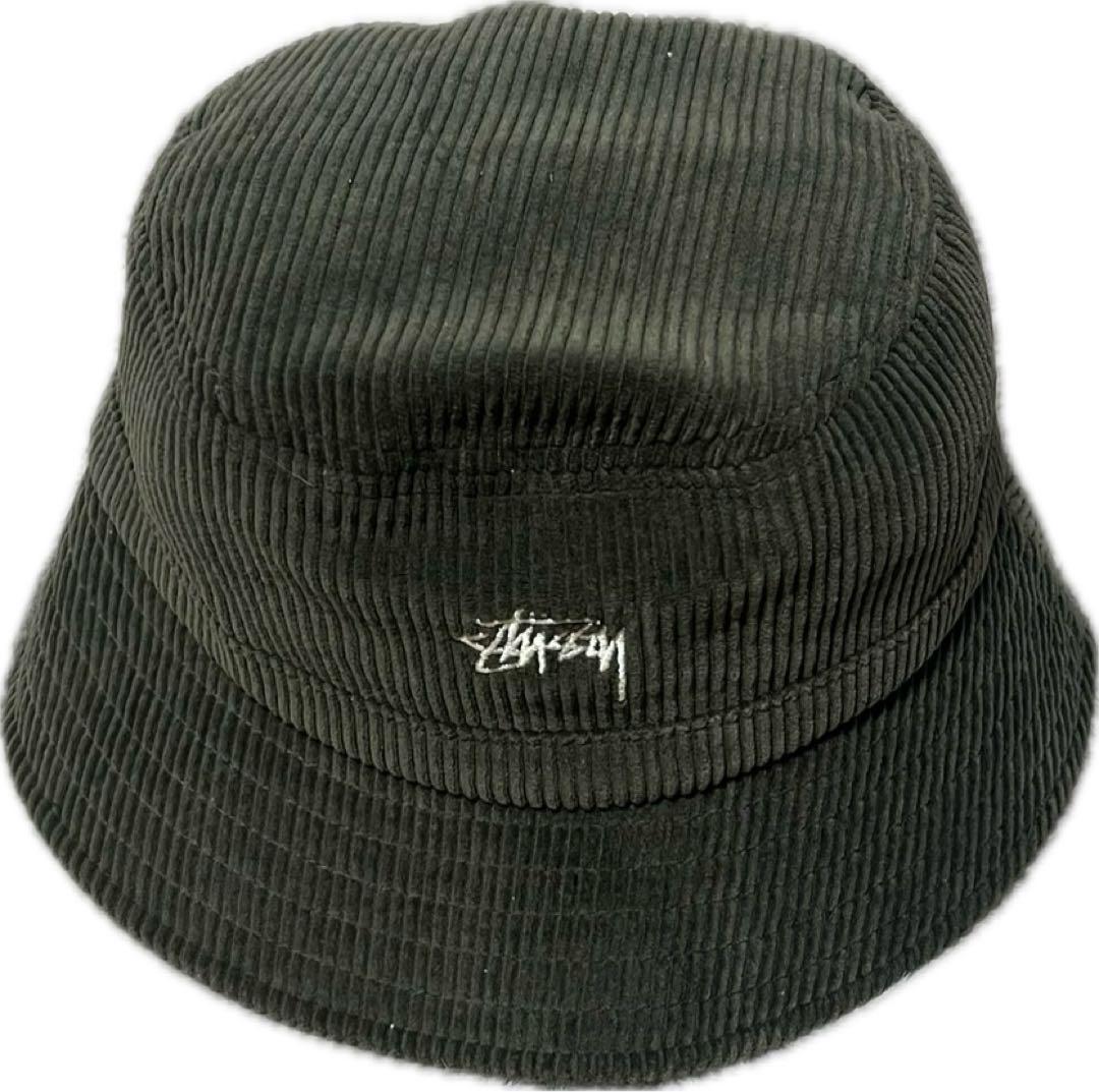 Stussy コーデュロイ バケットハット カーキ STUSSY - 廃番【ステューシー】ホワイト サイン ロゴ バケットハット