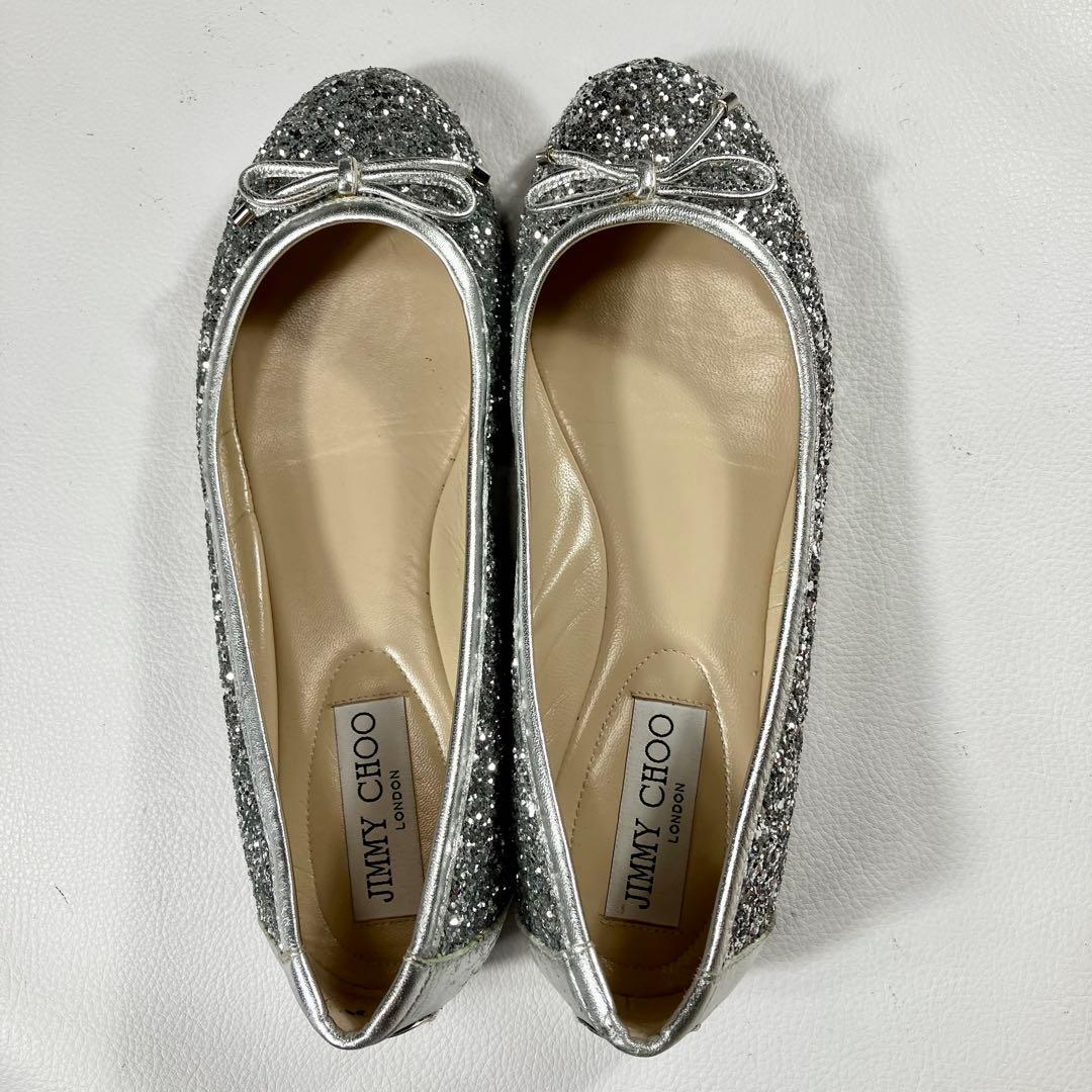 極美品✨ジミーチュー　シルバー　フラット バレエシューズ　リボン　22.5cm