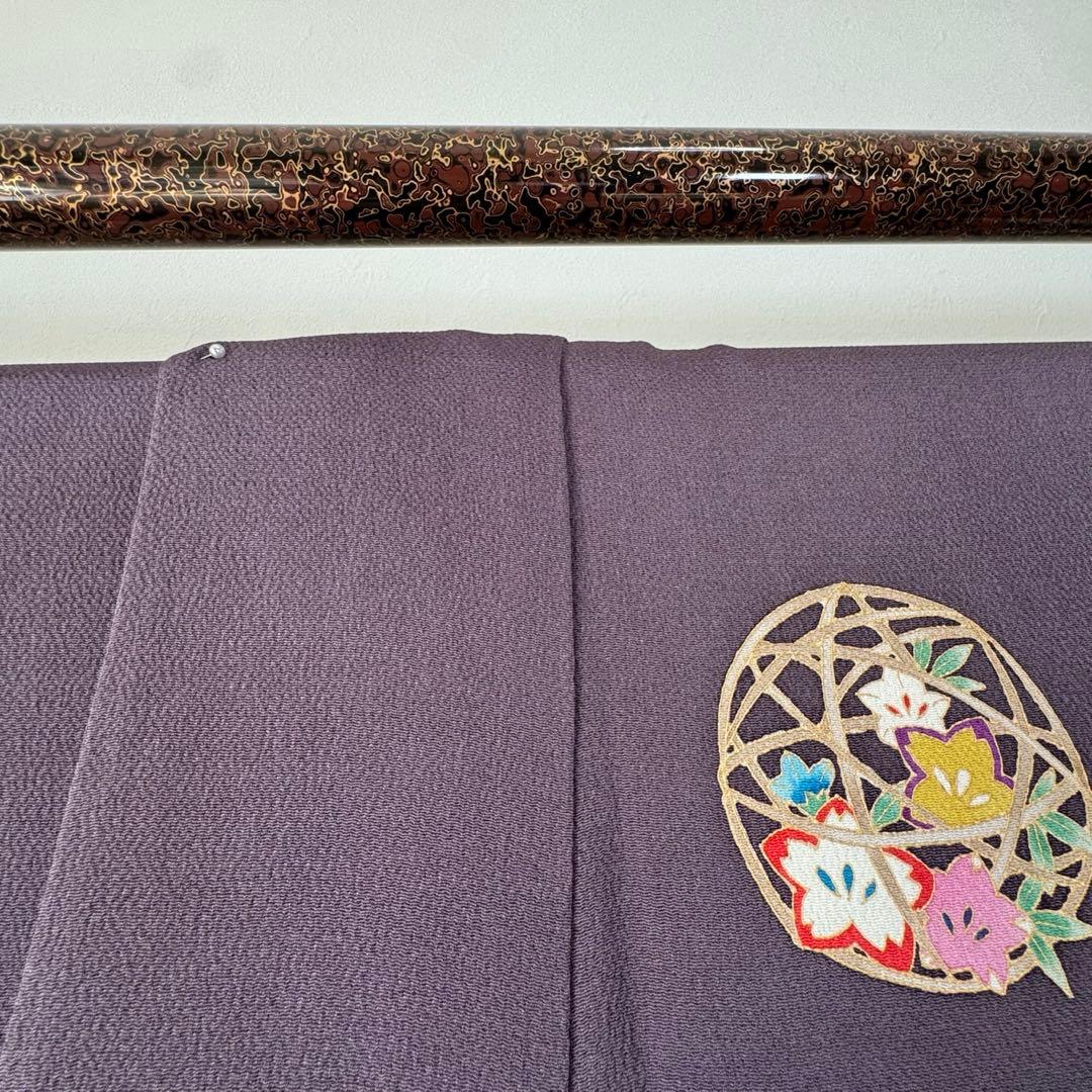 超美品 正絹 袷 訪問着 着物 168 裄70 ちりめん 金彩 紫 藤色 トール