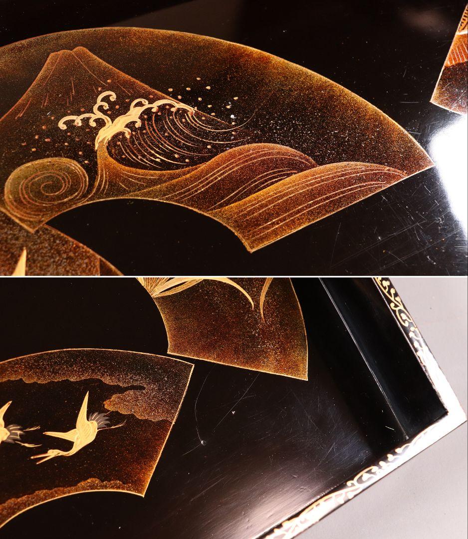 時代 広蓋 二枚組 59.1cm 扇面めでた図蒔絵 長方盆 木製【MA278】