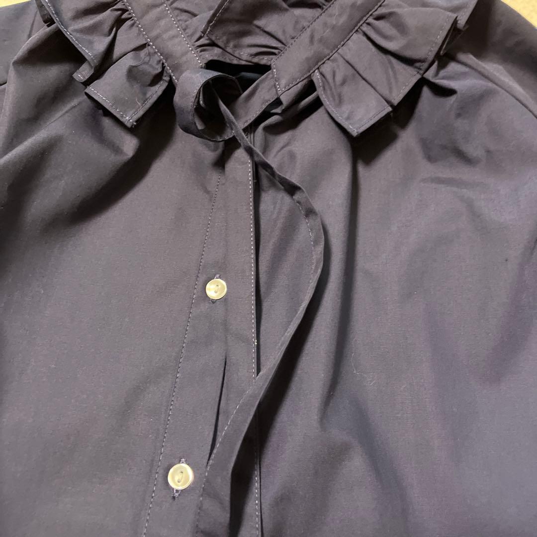 タグ付き 美品 CADUNEカデュネ フリル衿ブラウス ボウタイ ネイビー 紺