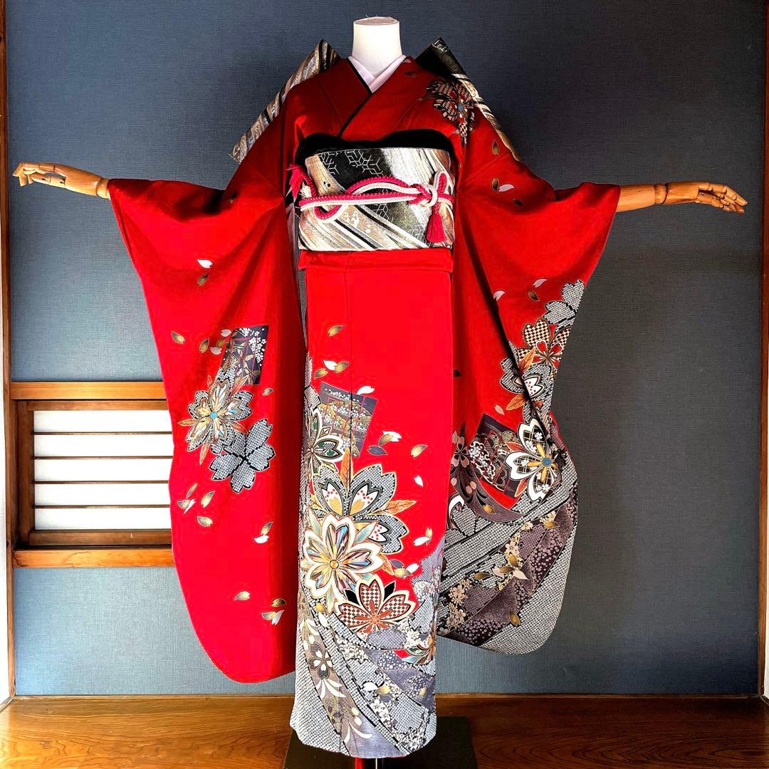 振袖フルセット　金彩友禅　成人式振袖　振袖　裄丈67 赤　桜 京友禅振袖・赤色・金彩┃伝統古典【菊京屋】