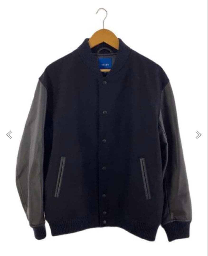 【XLサイズ】【ネイビー】【極美品】【BEAMS】【スタジャン】【羊革】袖レザー NEW メンズコーディネートVol.170〈BEAMS HEART（ビームス ハート