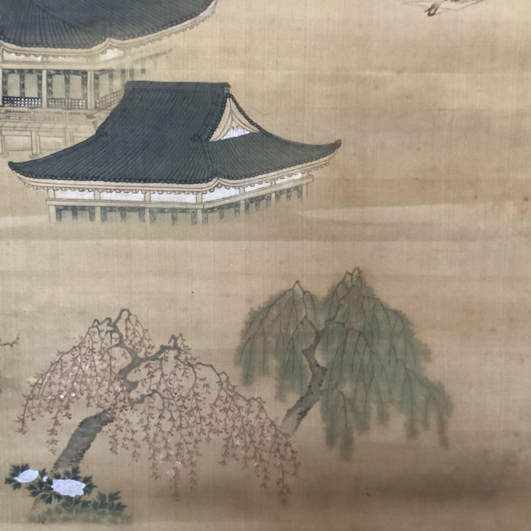 土佐派画紙本【朗詠集祝之詩意】不老門、長生殿之図 掛軸一幅 軸先良品