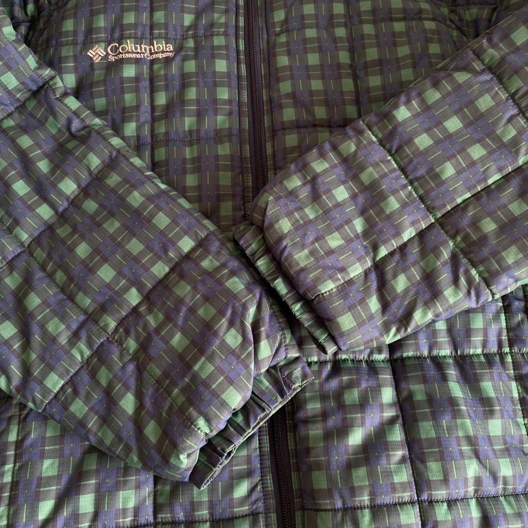 コロンビア】チェック 中綿 ジャケット【L】緑 紺 フード ジャンパー