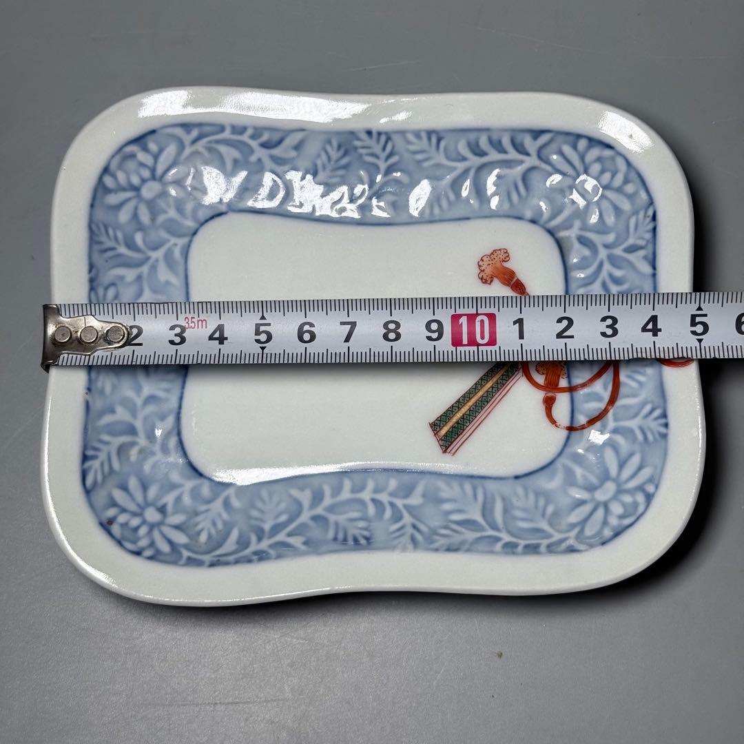 明治時代 有田焼 岩松平吾 色絵軍配形皿 五枚 角岩印 陽刻 珍品 残り