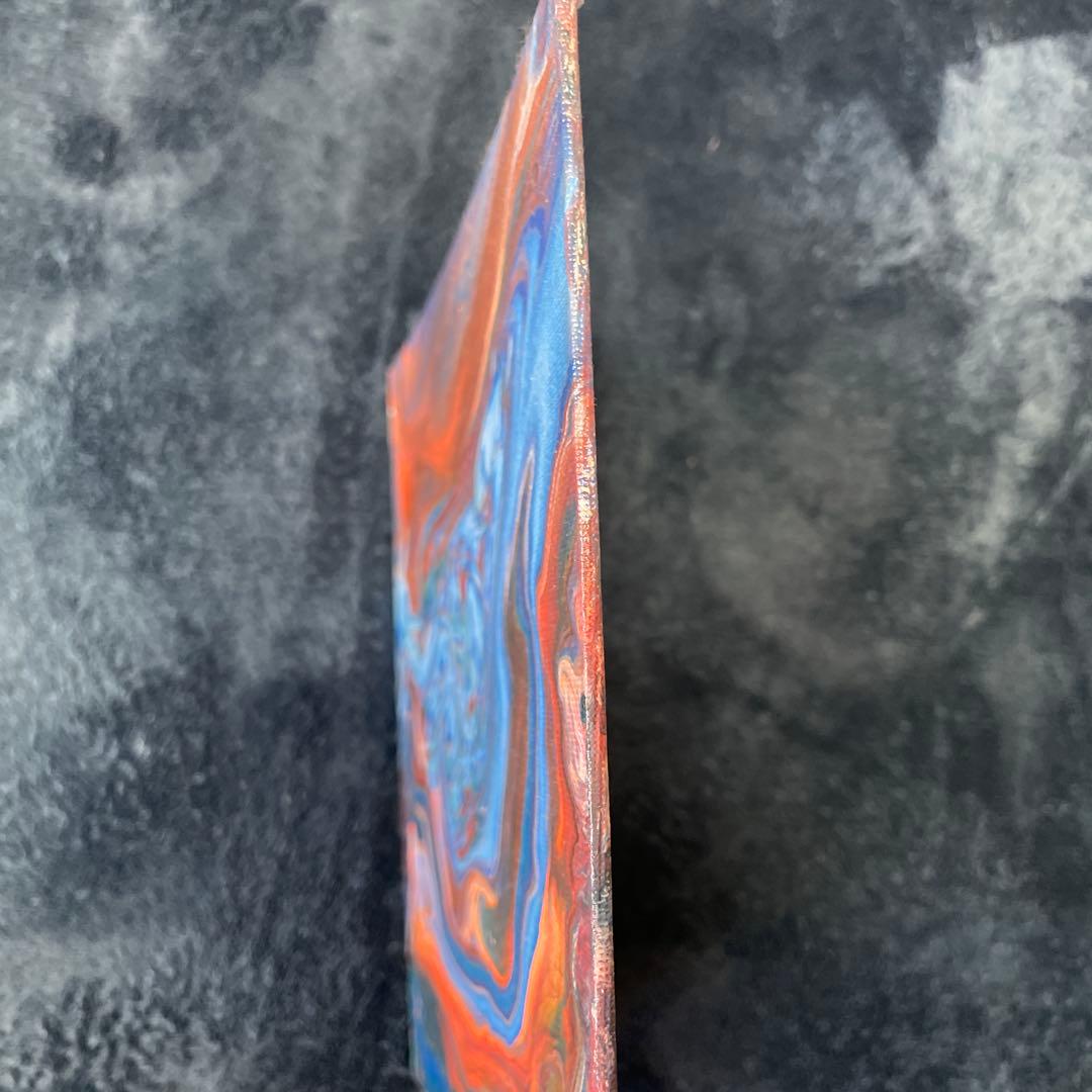 アクリル抽象画 青とオレンジの抽象画 ポーリングアート 約20cm×20cm