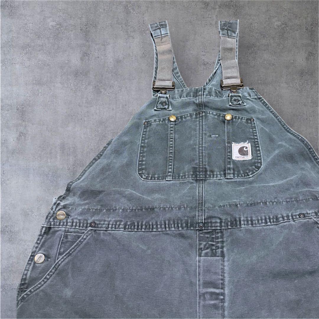 カーハートダブルニーオーバーオールダック地モスグリーンビッグシルエット カーハートオーバーオールモスグリーンダブルニー ビッグサイズUSA製