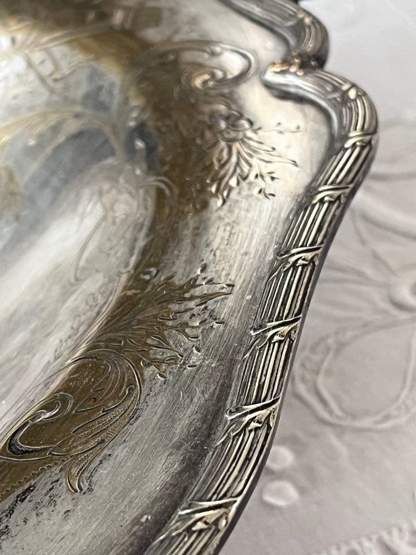 美品】フランスアンティーク リボンモチーフ シルバー 大きなトレー[3675]