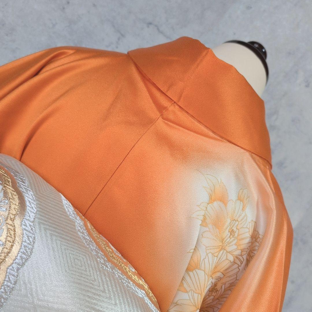 訪問着 フルセット 着物 正絹 オレンジ 橙 明るい 金駒刺繍 O8 - メルカリ