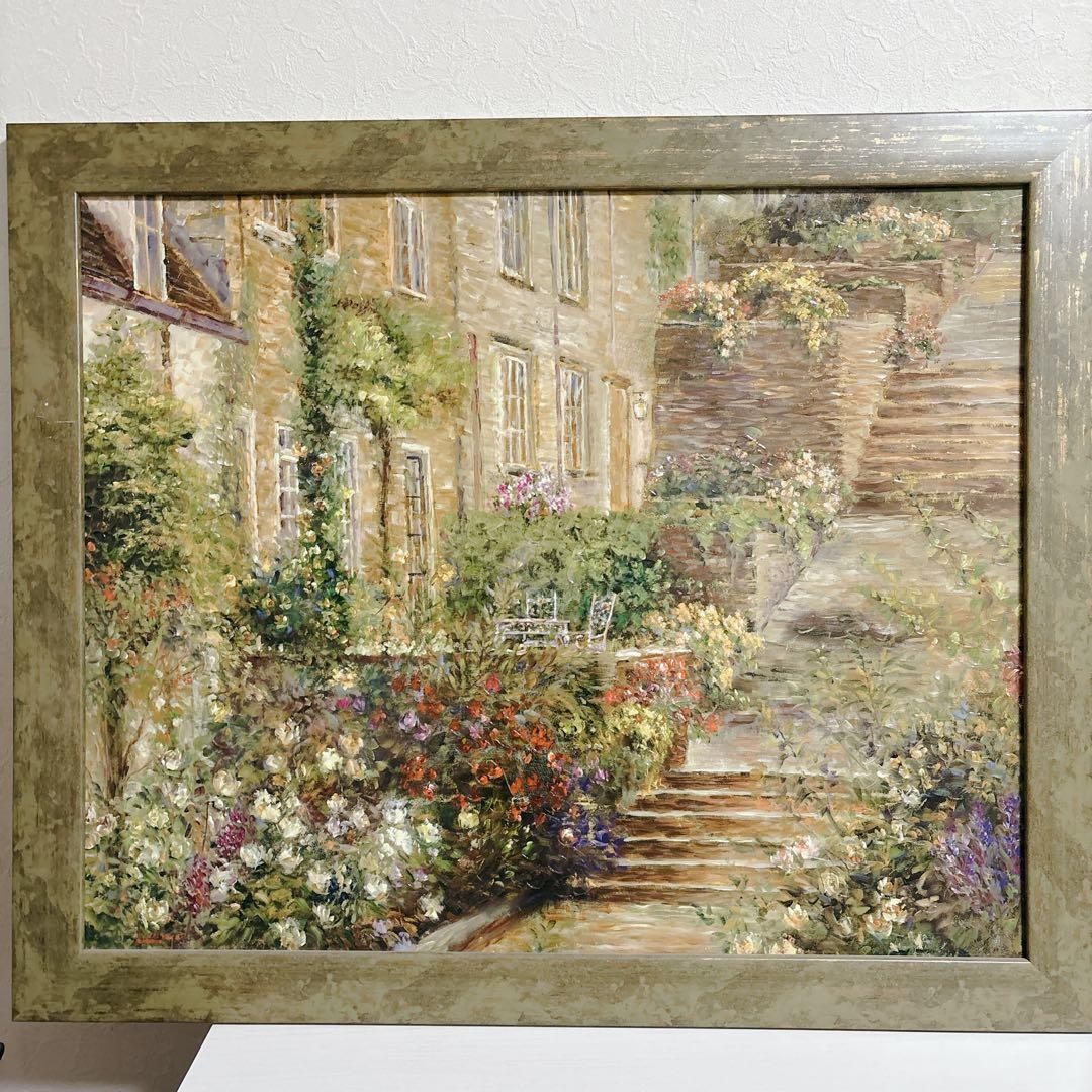【美品】ロンゴ『パティオガーデン 階段と花壇』風景画 額装 大型 縦76×横91 美品】ロンゴ『パティオガーデン 階段と花壇』風景画 額装 大型 縦76×横