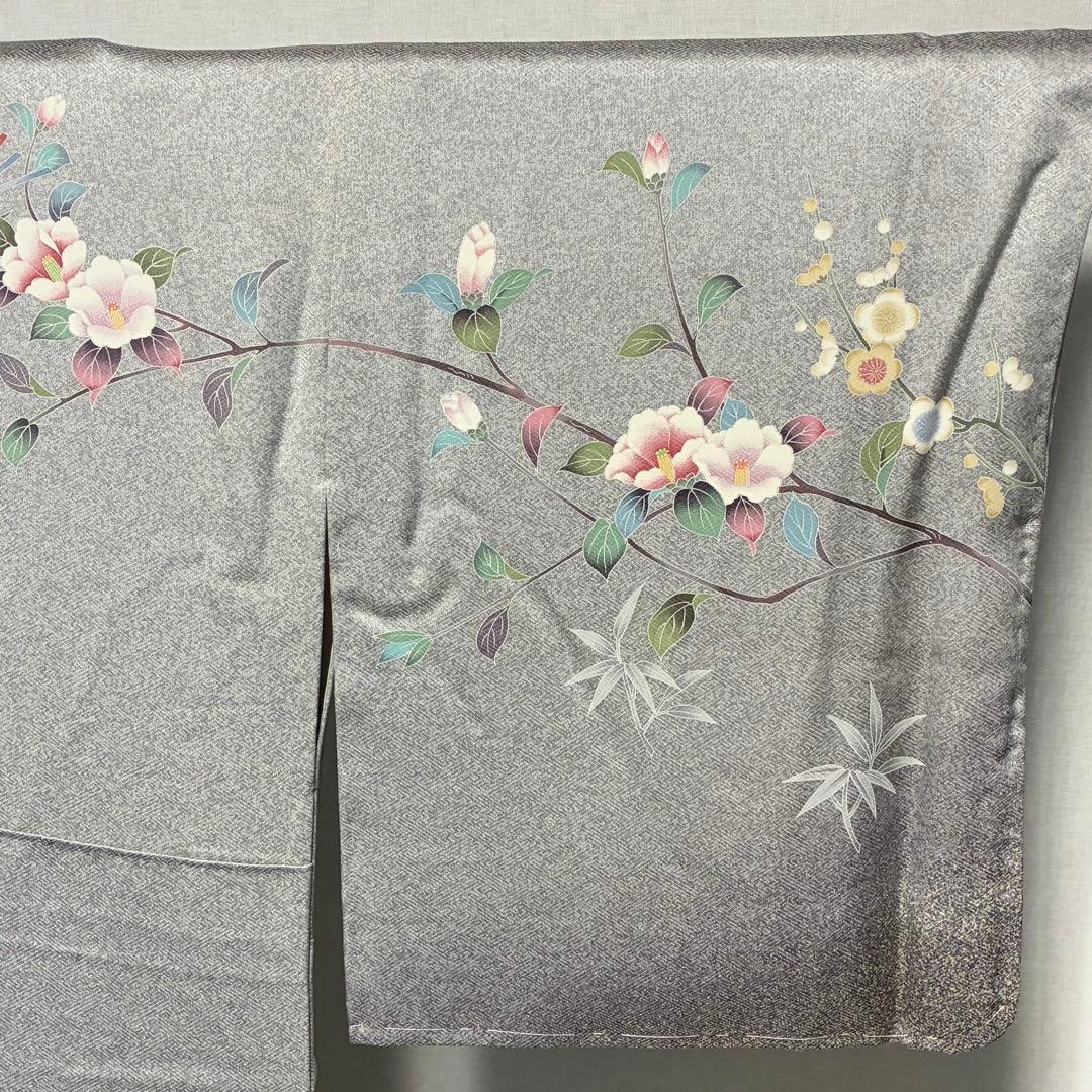 D302 訪問着 花模様 友禅 一つ紋 正絹 着物 袷 しつけ糸付き未使用極美