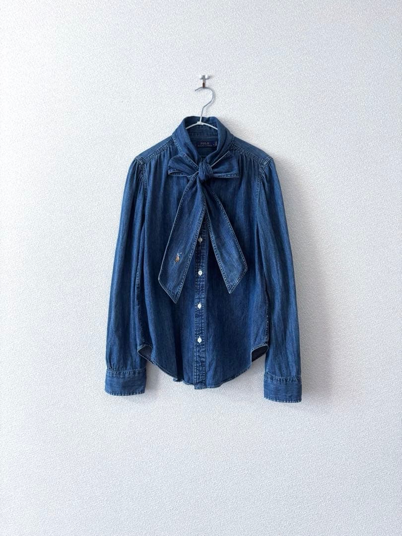 ポロラルフローレンボウタイ ブラウス ポニー刺繍 リボン デニム M